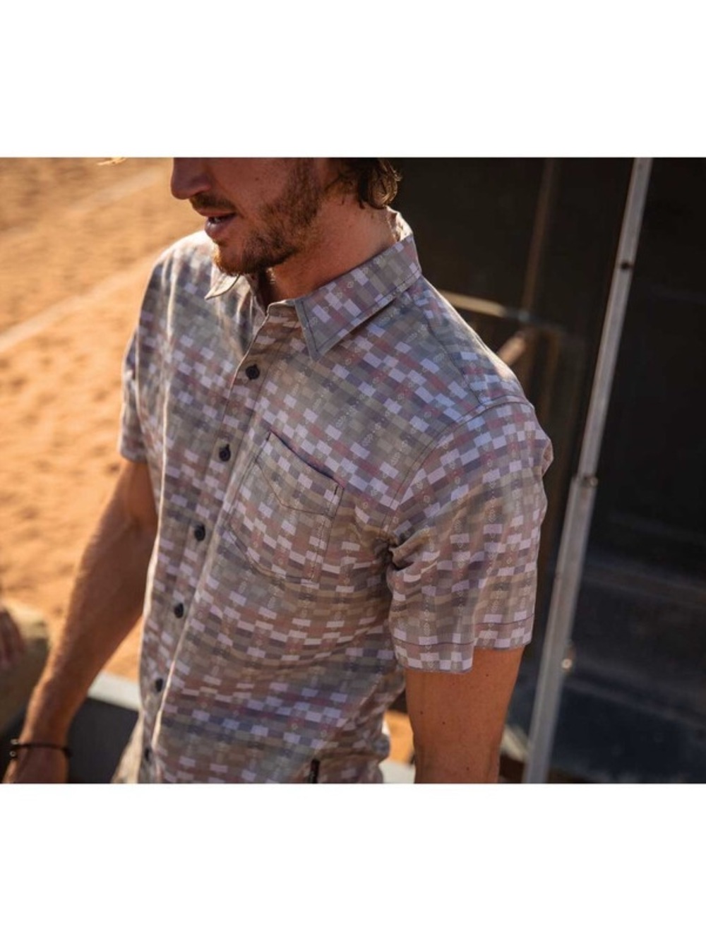 Sherpa geometric button up short sleeve shirt